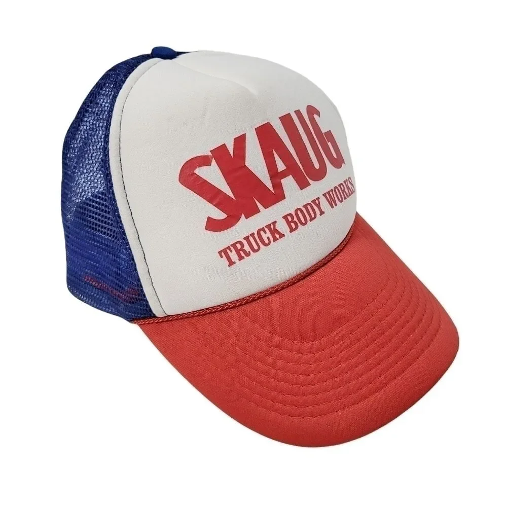 Vintage SKAUG Truck Body Works Mesh Trucker Hat Red White Blue Americana Y2K